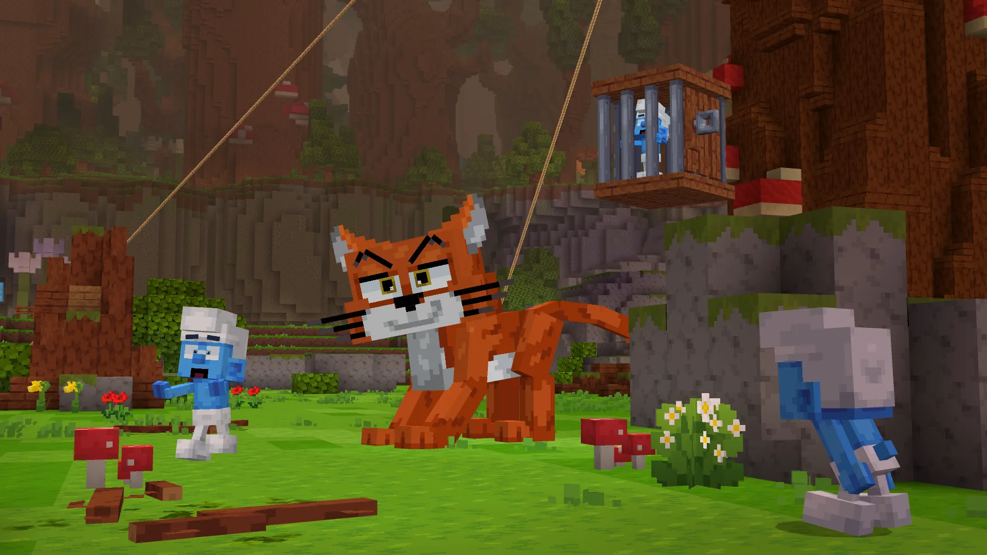 Azrael Sneak: a Smurf creeps across a clearing toward a caged friend while Gargamel's cat watches the field.